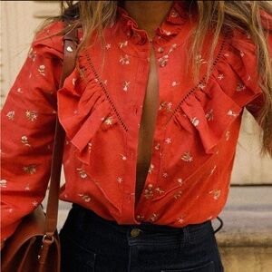 RARE Sezane Fares Embroidered Ruffled Button Up Blouse